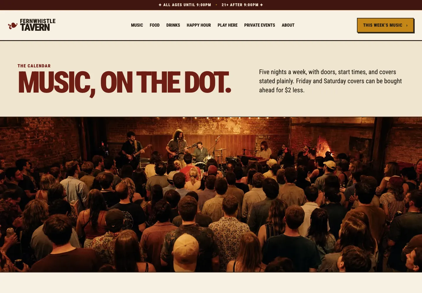 Music calendar page of Fernwhistle Tavern, built by Theo