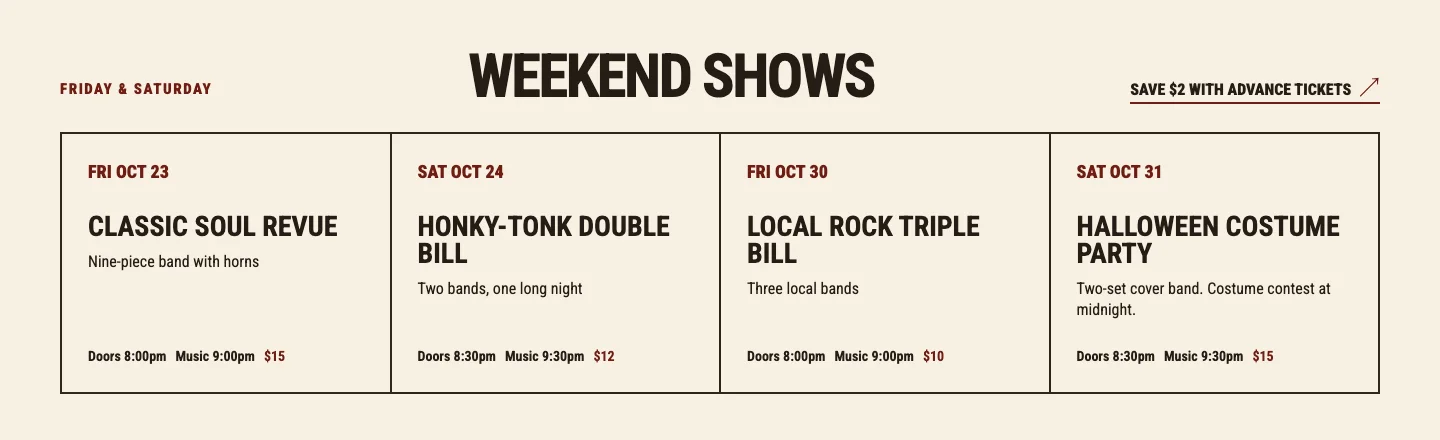 Fernwhistle Tavern weekend shows, built by Theo: four Friday and Saturday shows with doors, music times and cover, and a Save $2 with advance tickets link