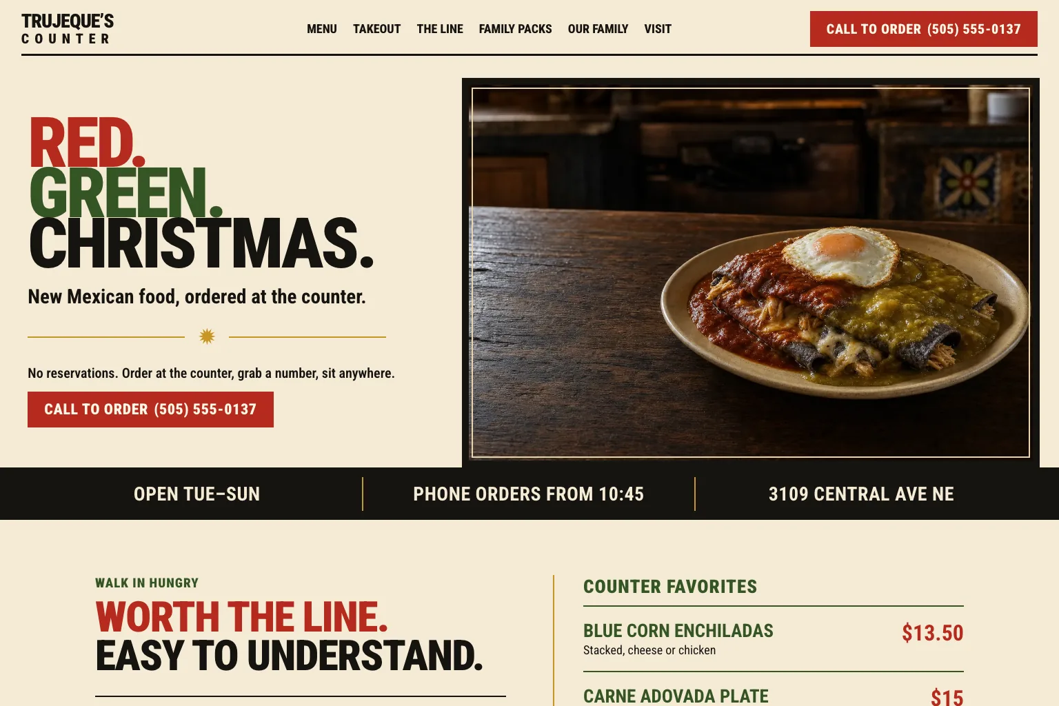 Home page of Trujeque's Counter, built by Theo: the headline Red. Green. Christmas., a Call to order button, a plate of blue corn enchiladas with red and green chile, and a band with the open days and address