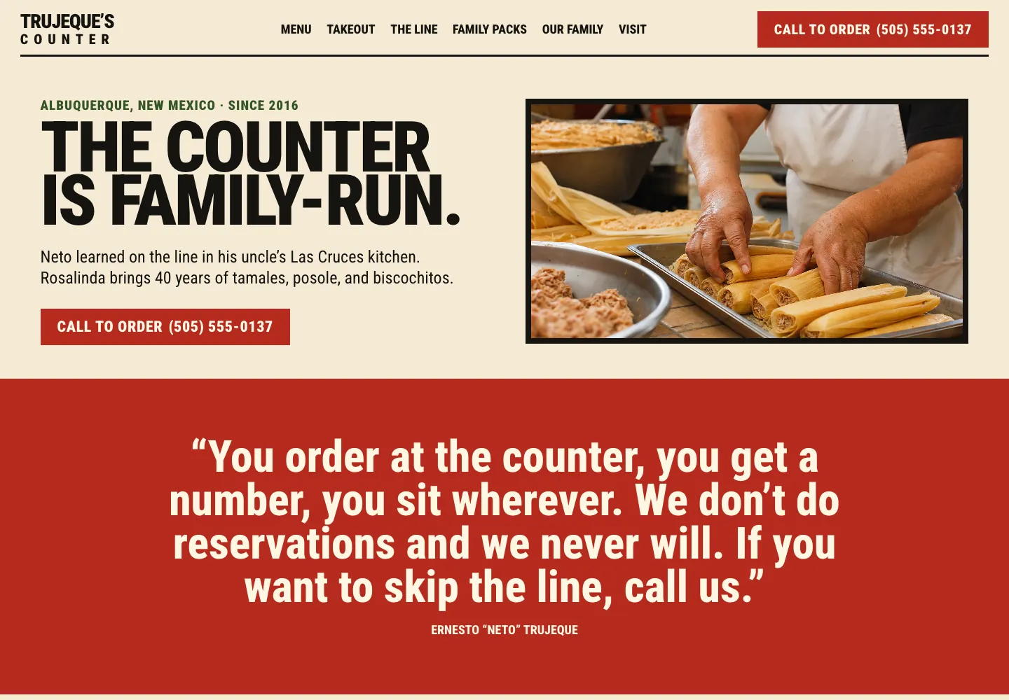 Trujeque's Counter About page, built by Theo: the headline The counter is family-run, a call-to-order button, hands rolling tamales and the owner's quote