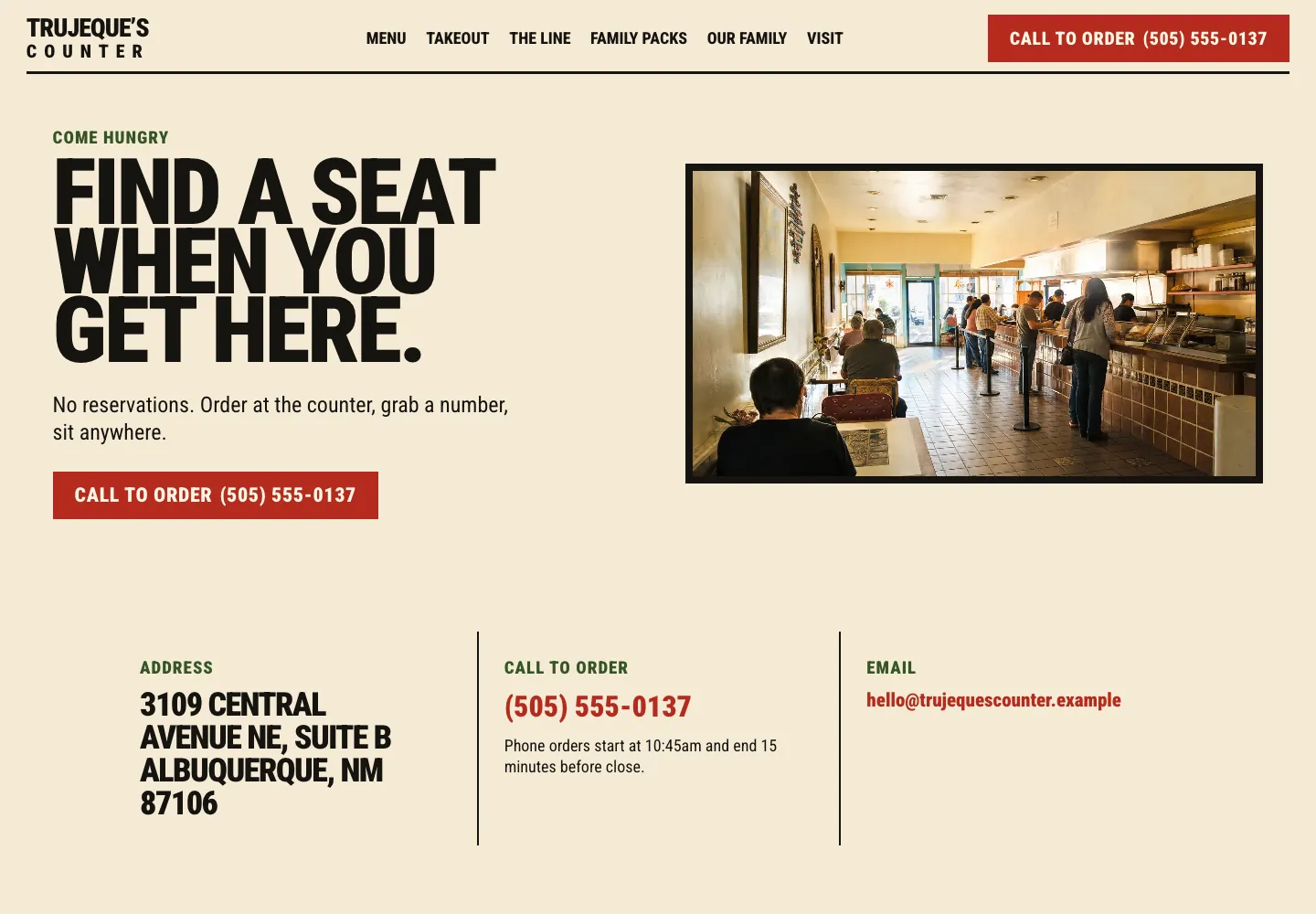 Trujeque's Counter contact page, built by Theo: the heading Find a seat when you get here, the no reservations line, a Call to order button, a photo of the counter line, and the address, phone and email in three columns