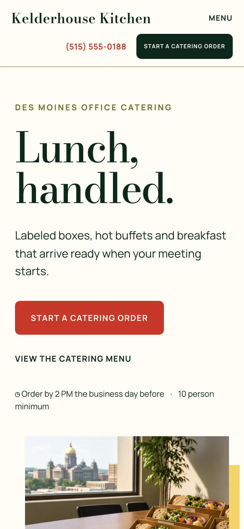 Kelderhouse Kitchen home page on a phone, built by Theo