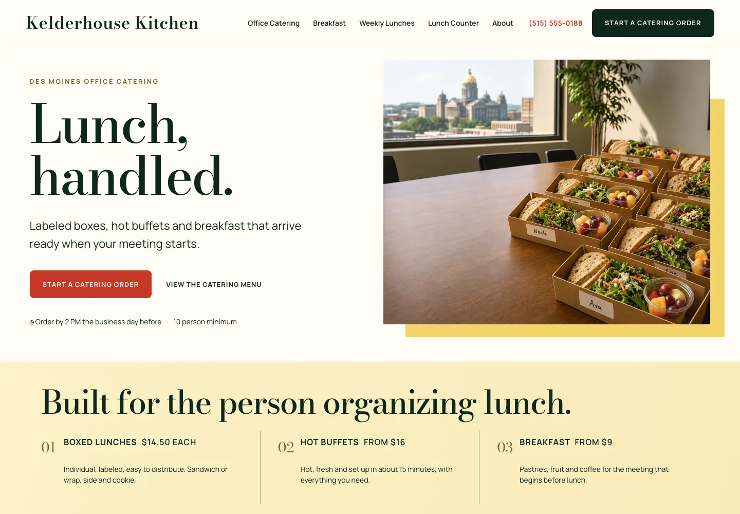 A catering business homepage that makes the offer, order path and lead time easy to understand, built by Theo
