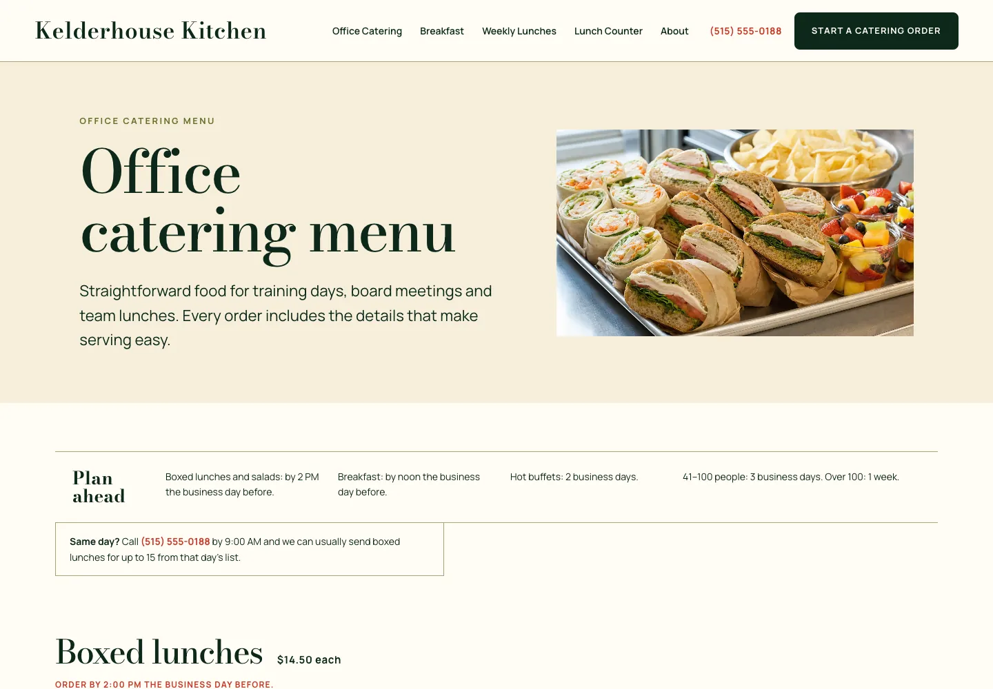 Catering menu page of Kelderhouse Kitchen, built by Theo