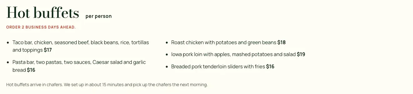 Kelderhouse Kitchen's office catering menu, built by Theo: Hot buffets per person, Order 2 business days ahead, five buffets with prices, and a note on chafers and pickup