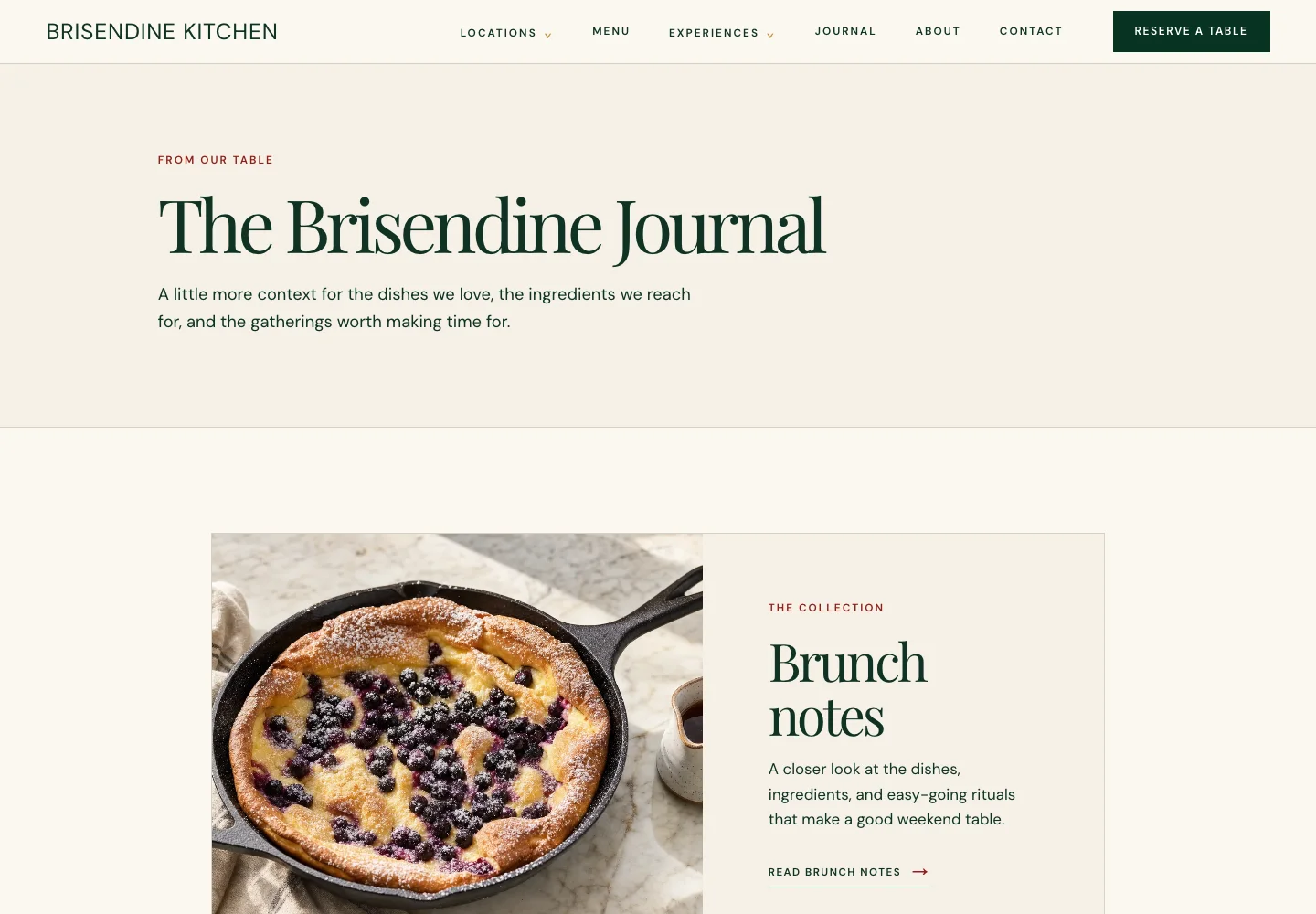 Brisendine Kitchen's Journal page, built by Theo: The Brisendine Journal, with Brunch notes as its first collection