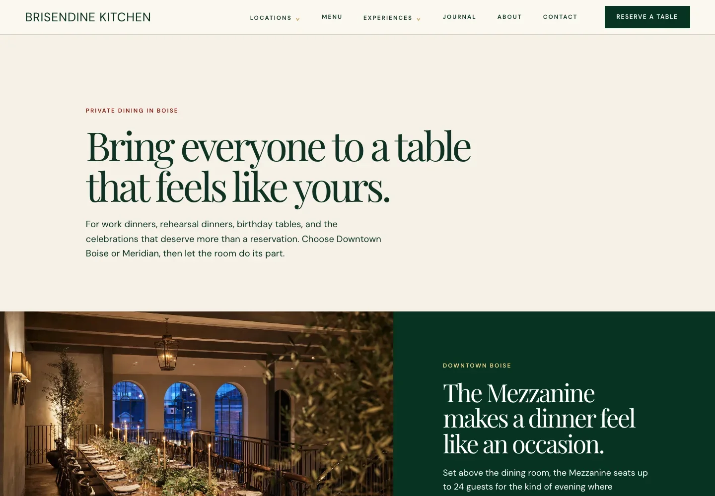 Brisendine Kitchen's Private Dining in Boise page, built by Theo: the headline Bring everyone to a table that feels like yours, with the Downtown Mezzanine below it