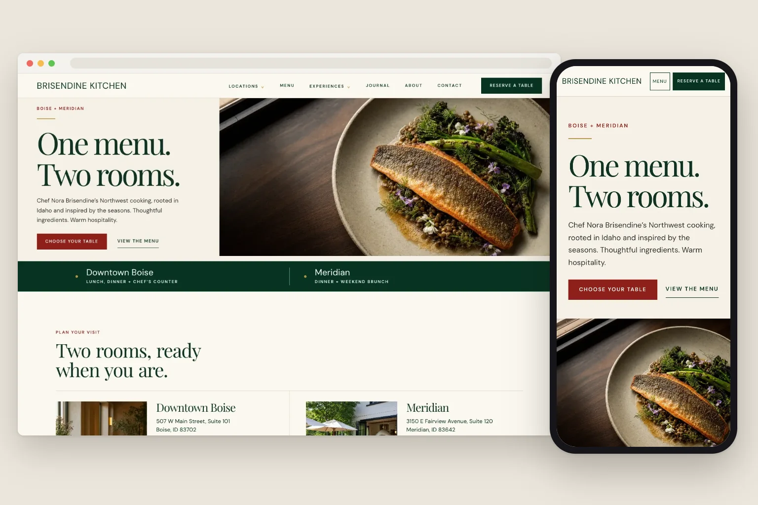 Brisendine Kitchen home page on a computer and a phone, built by Theo