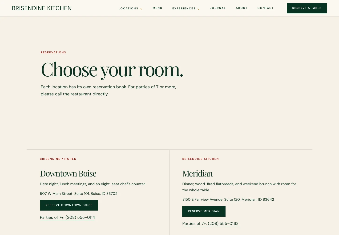 Brisendine Kitchen reservations page, built by Theo: the headline Choose your room and a Reserve button for each location, Downtown Boise and Meridian, with its address