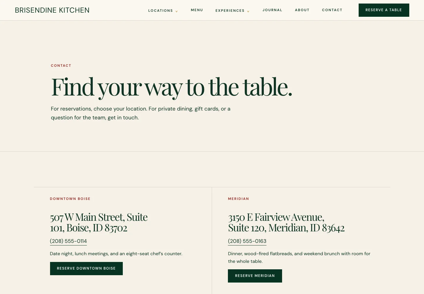 Brisendine Kitchen contact page, built by Theo: the heading Find your way to the table, then a Downtown Boise block and a Meridian block, each with its own address, phone number, one line about the room and a reserve button