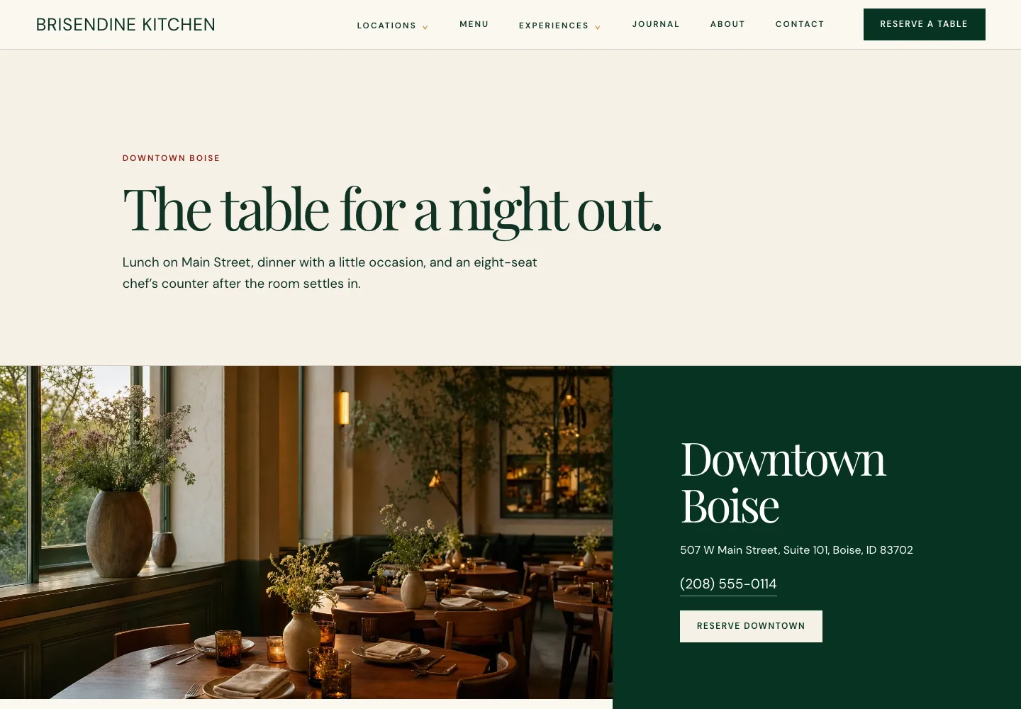 Brisendine Kitchen Downtown Boise page, built by Theo: The table for a night out, with the Main Street address, its own phone number and a Reserve Downtown button over a photo of the dining room