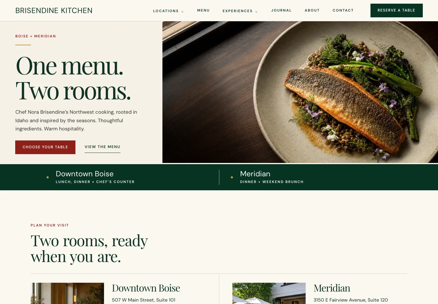 Brisendine Kitchen home page, built by Theo: Locations, Menu, Experiences, Journal, About and Contact in the menu, a Reserve a table button in the header, a Choose your table button under the headline One menu. Two rooms., and a strip naming Downtown Boise and Meridian
