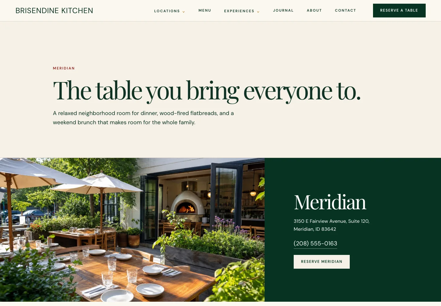 Brisendine Kitchen Meridian page: The table you bring everyone to, with the Fairview Avenue address, a different phone number and a Reserve Meridian button over a patio and wood oven photo