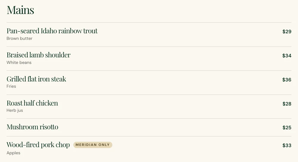 Brisendine Kitchen's menu page, built by Theo: six mains, each with a price and all but one with a short note, and a Meridian only tag on the wood-fired pork chop