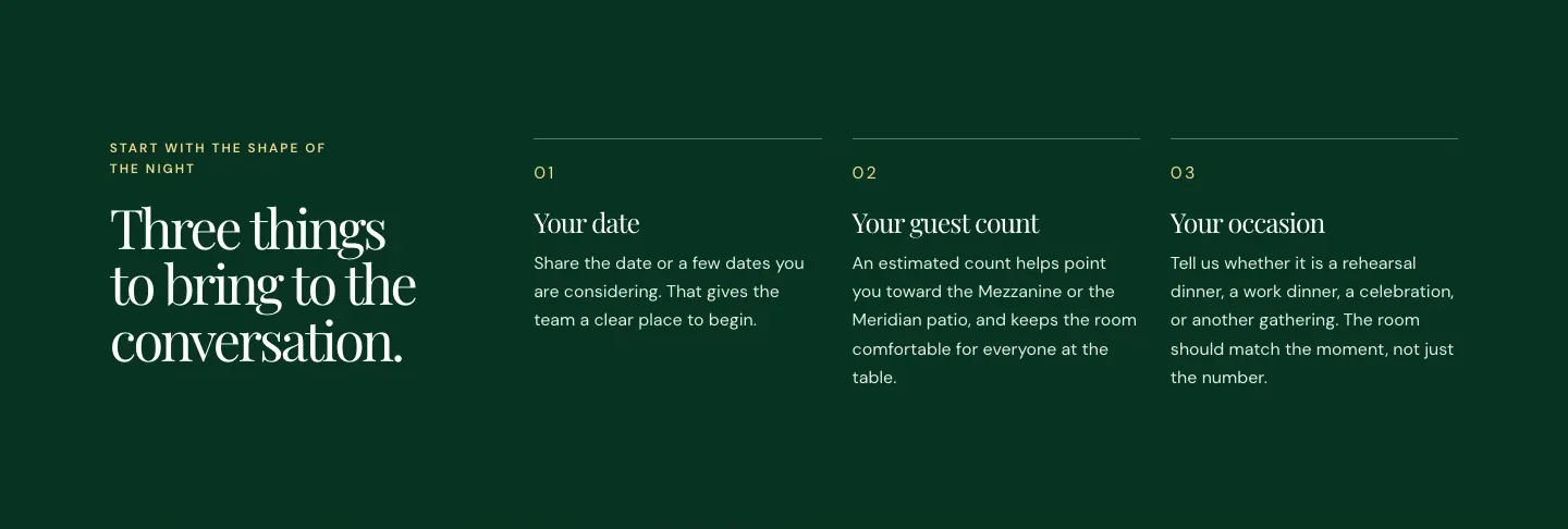 Brisendine Kitchen's Private Dining in Boise page, built by Theo: Three things to bring to the conversation, your date, your guest count and your occasion