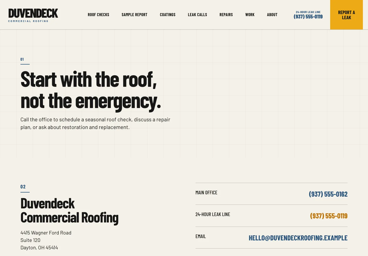 Duvendeck Commercial Roofing contact page, built by Theo: the heading Start with the roof, not the emergency, a 24-hour leak line and a Report a leak button in the header, and the main office number, leak line and email listed side by side
