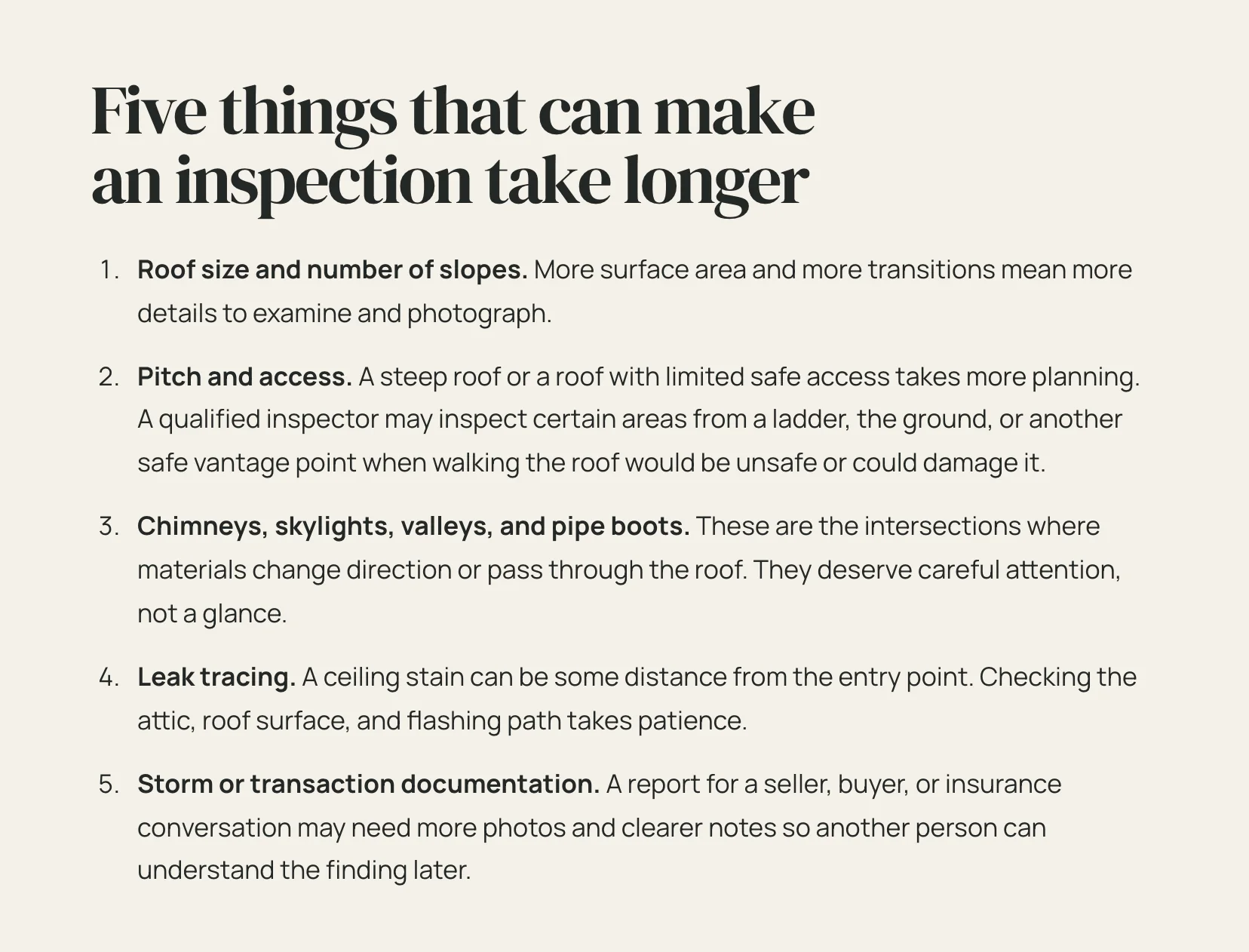 A section of Quarrystone Roofing's How Long Does a Roof Inspection Take? post listing five things that can make an inspection take longer