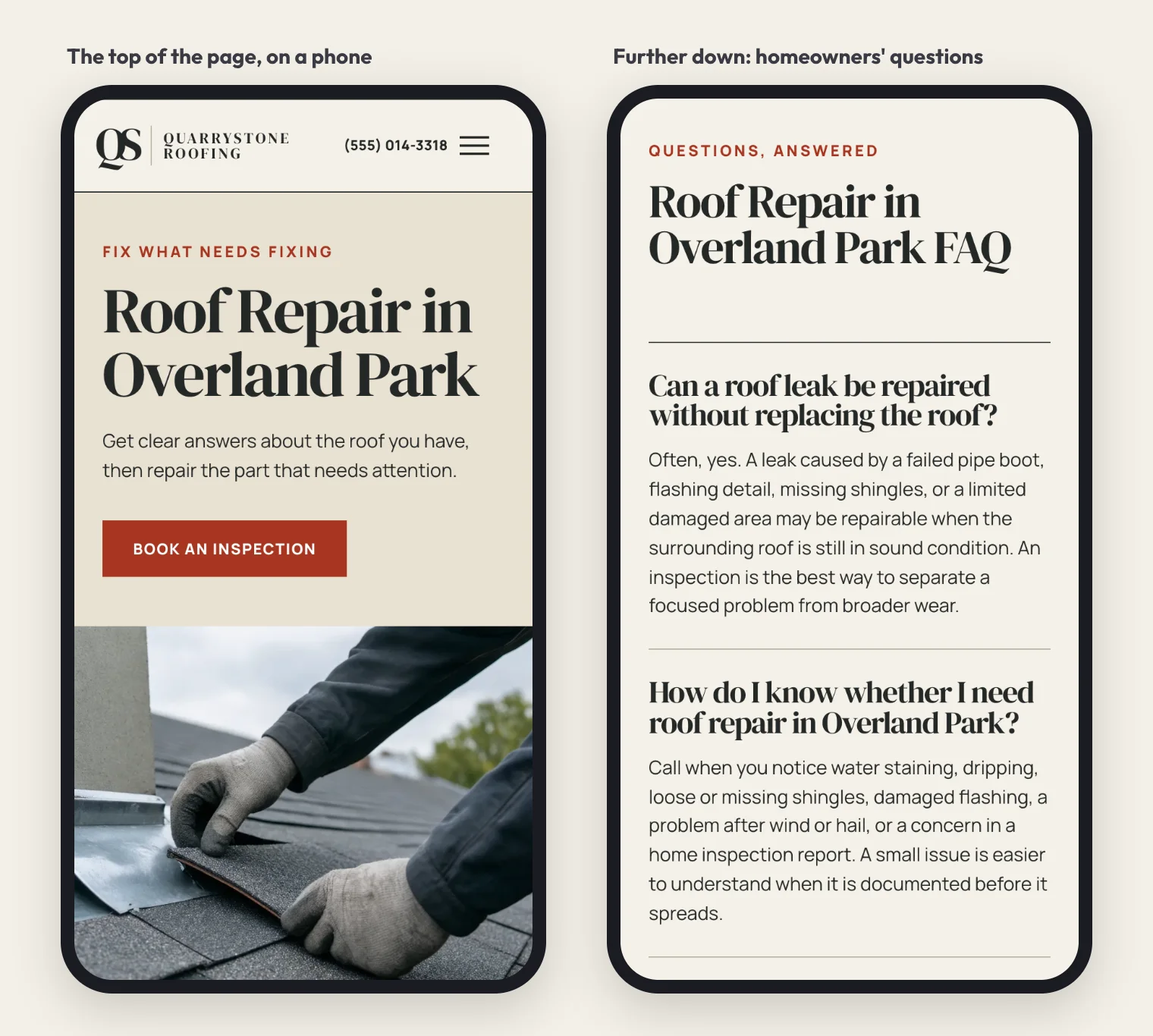 Quarrystone Roofing's Roof Repair in Overland Park page on a phone: the top of the page and, further down, the questions homeowners ask