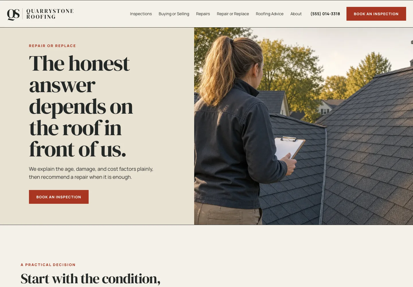 Quarrystone Roofing repair or replace page, built by Theo: the headline The honest answer depends on the roof in front of us and a Book an inspection button