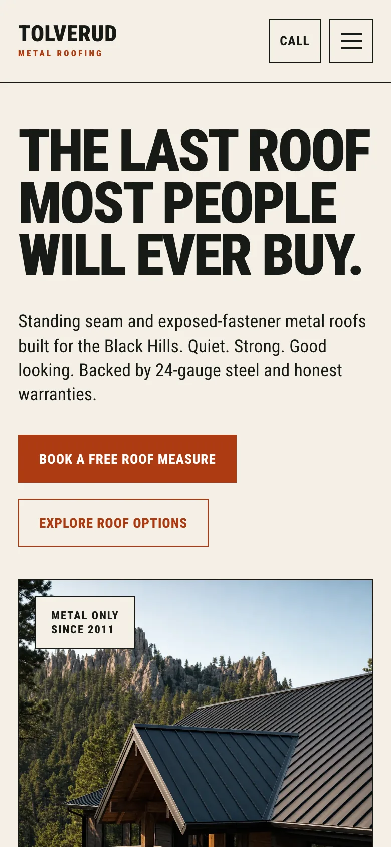Tolverud Metal Roofing home page on a phone, built by Theo