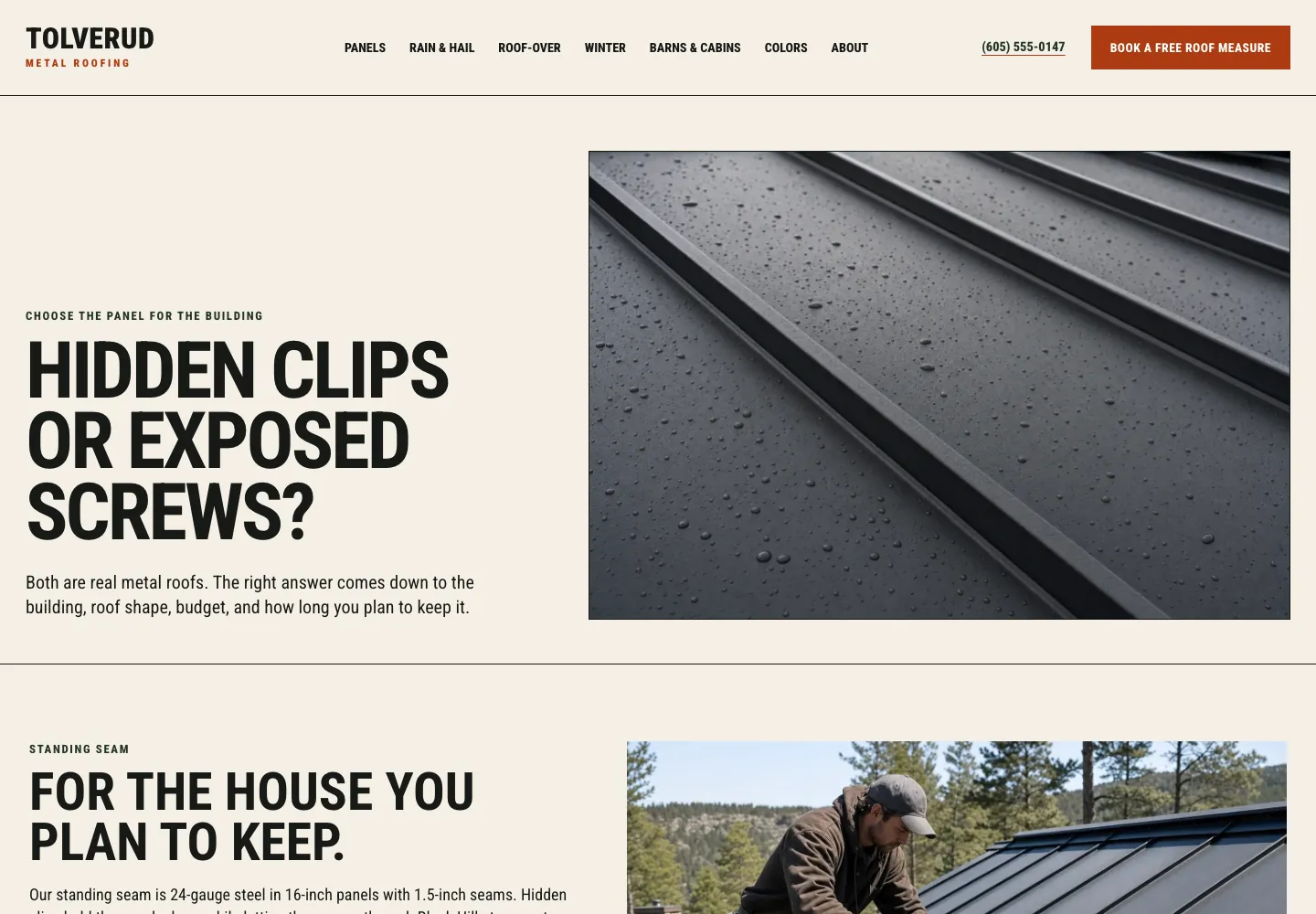 Seam or screws page of Tolverud Metal Roofing, built by Theo