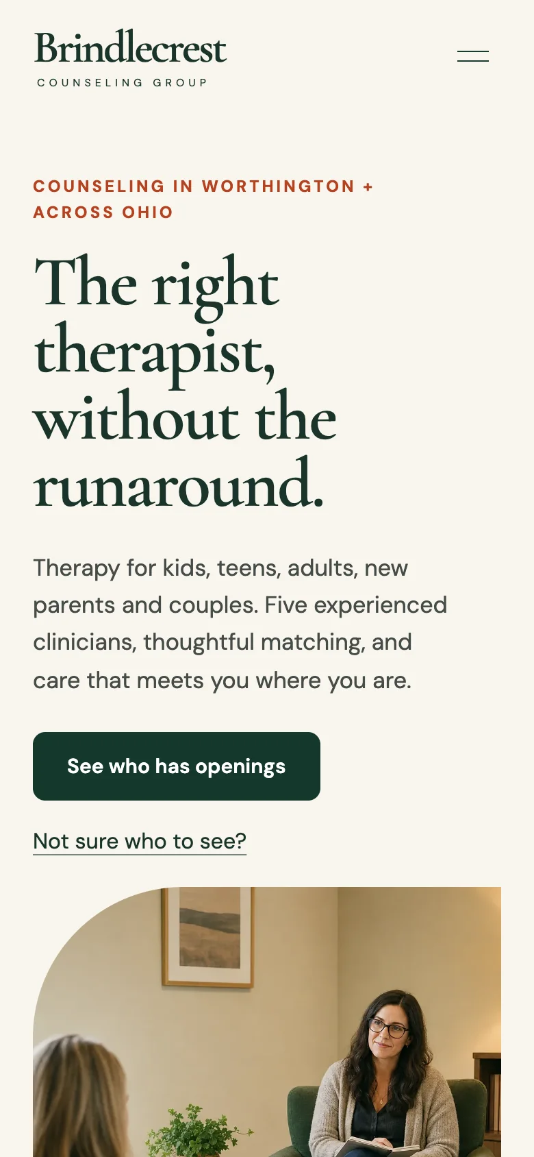 Brindlecrest Counseling Group home page on a phone, built by Theo