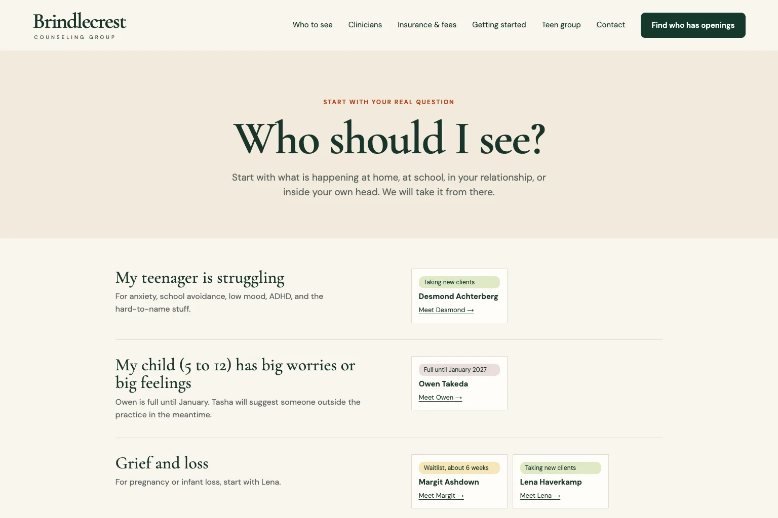 Who to see page of Brindlecrest Counseling Group, built by Theo