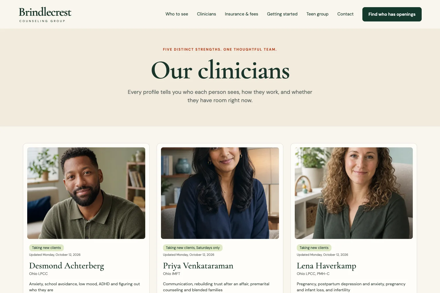 Clinicians page of Brindlecrest Counseling Group, built by Theo