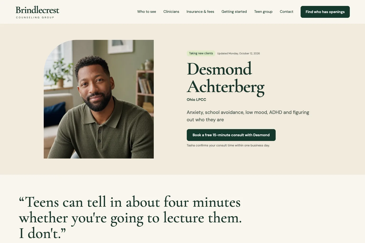 Clinician profile page of Brindlecrest Counseling Group, built by Theo