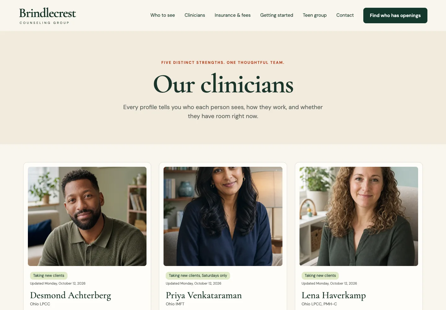 Clinicians page of Brindlecrest Counseling Group, built by Theo