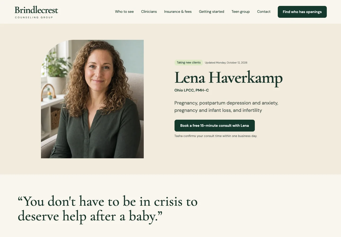 Brindlecrest Counseling Group page for Lena Haverkamp, built by Theo: her photo, a Taking new clients badge dated October 12, 2026, her Ohio license, who she sees, and a Book a free 15-minute consult with Lena button