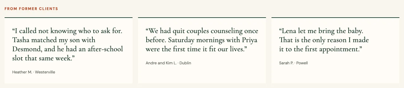 Brindlecrest Counseling Group home page section, built by Theo: labeled From former clients, with three short quotes about a matched clinician, Saturday sessions and bringing a baby to the first appointment