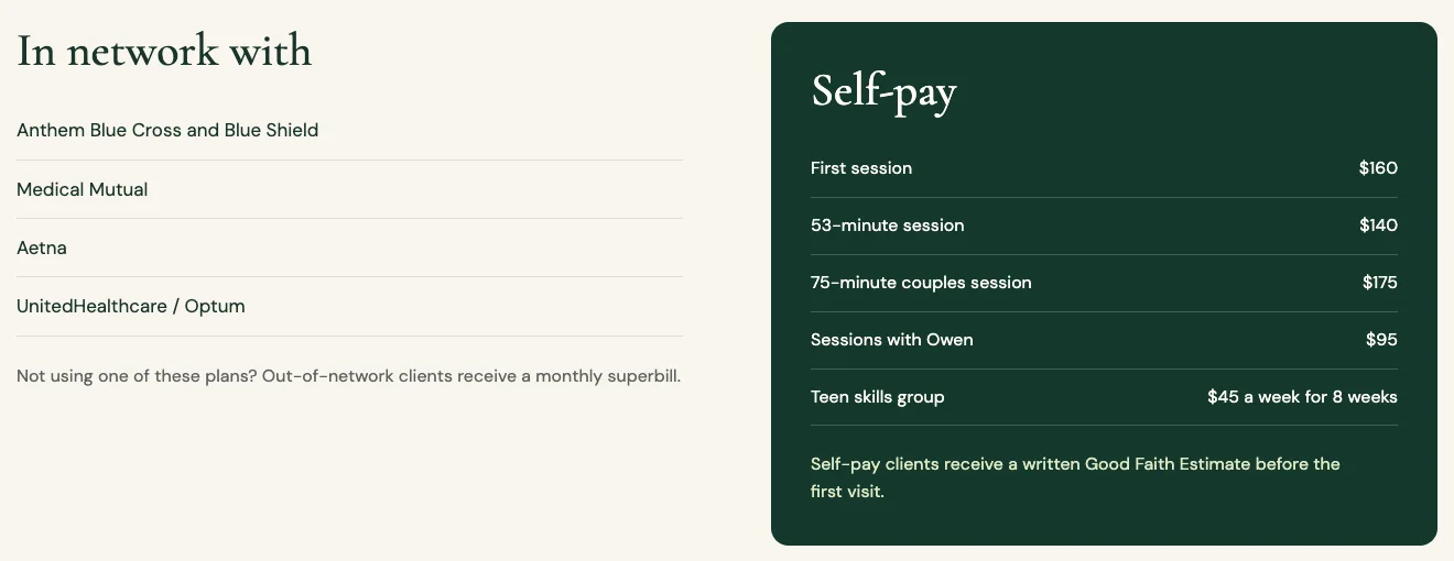 Brindlecrest Counseling Group insurance and fees page, built by Theo: four in-network plans with a monthly superbill line under them, and a self-pay box listing each session fee and ending with the Good Faith Estimate line