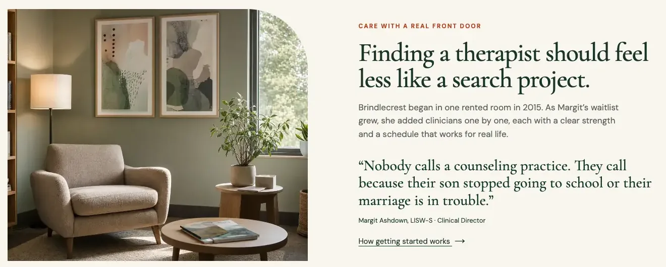 Brindlecrest Counseling Group home page section, built by Theo: a photo of a counseling room and the quote Nobody calls a counseling practice, credited to Margit Ashdown, Clinical Director