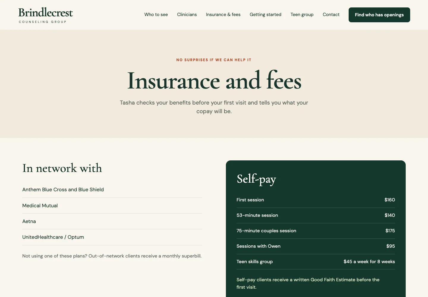 Insurance and fees page of Brindlecrest Counseling Group, built by Theo