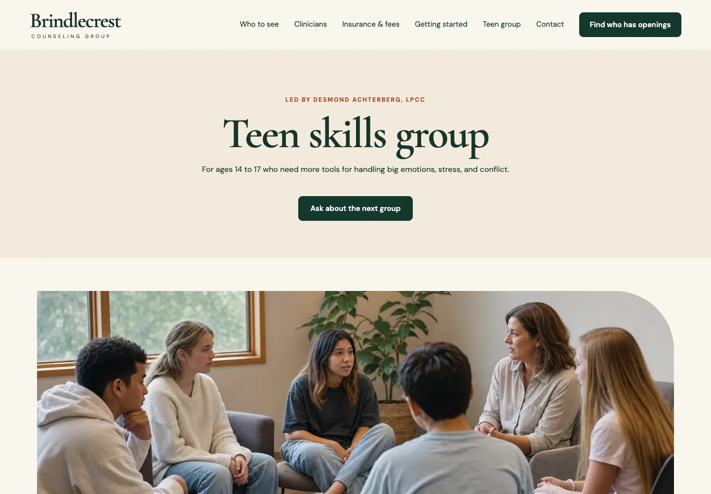 Teen group page of Brindlecrest Counseling Group, built by Theo