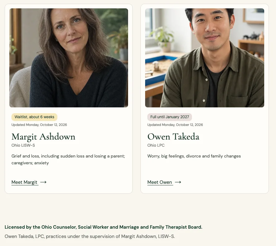 Brindlecrest Counseling Group's clinicians page, built by Theo: two clinician cards with license lines and opening badges, Waitlist about 6 weeks and Full until January 2027, above the line Licensed by the Ohio Counselor, Social Worker and Marriage and Family Therapist Board