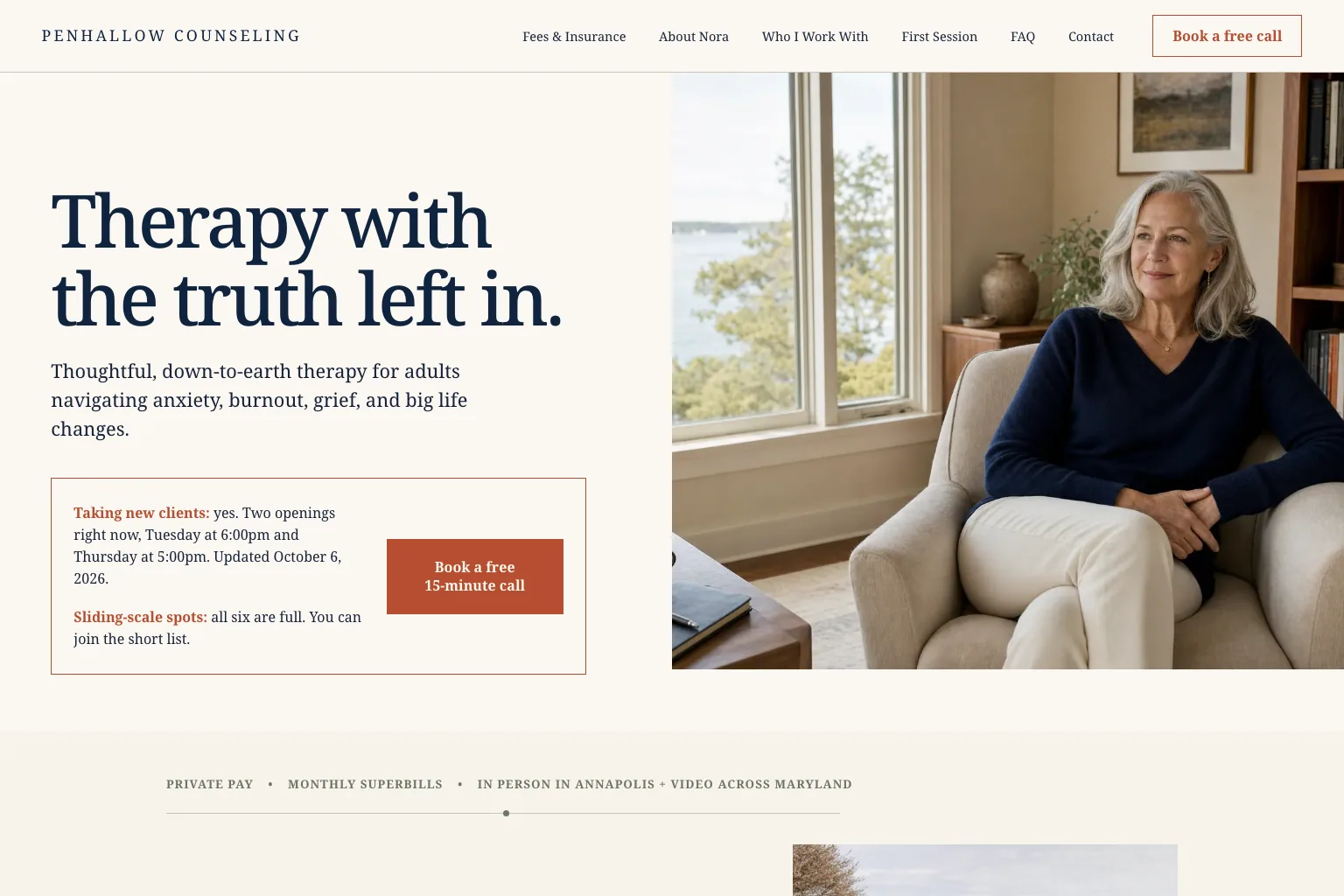 Home page of Penhallow Counseling, built by Theo: the headline Therapy with the truth left in., a box saying she is taking new clients with two openings and the date it was updated, a Book a free 15-minute call button, and the therapist in an armchair