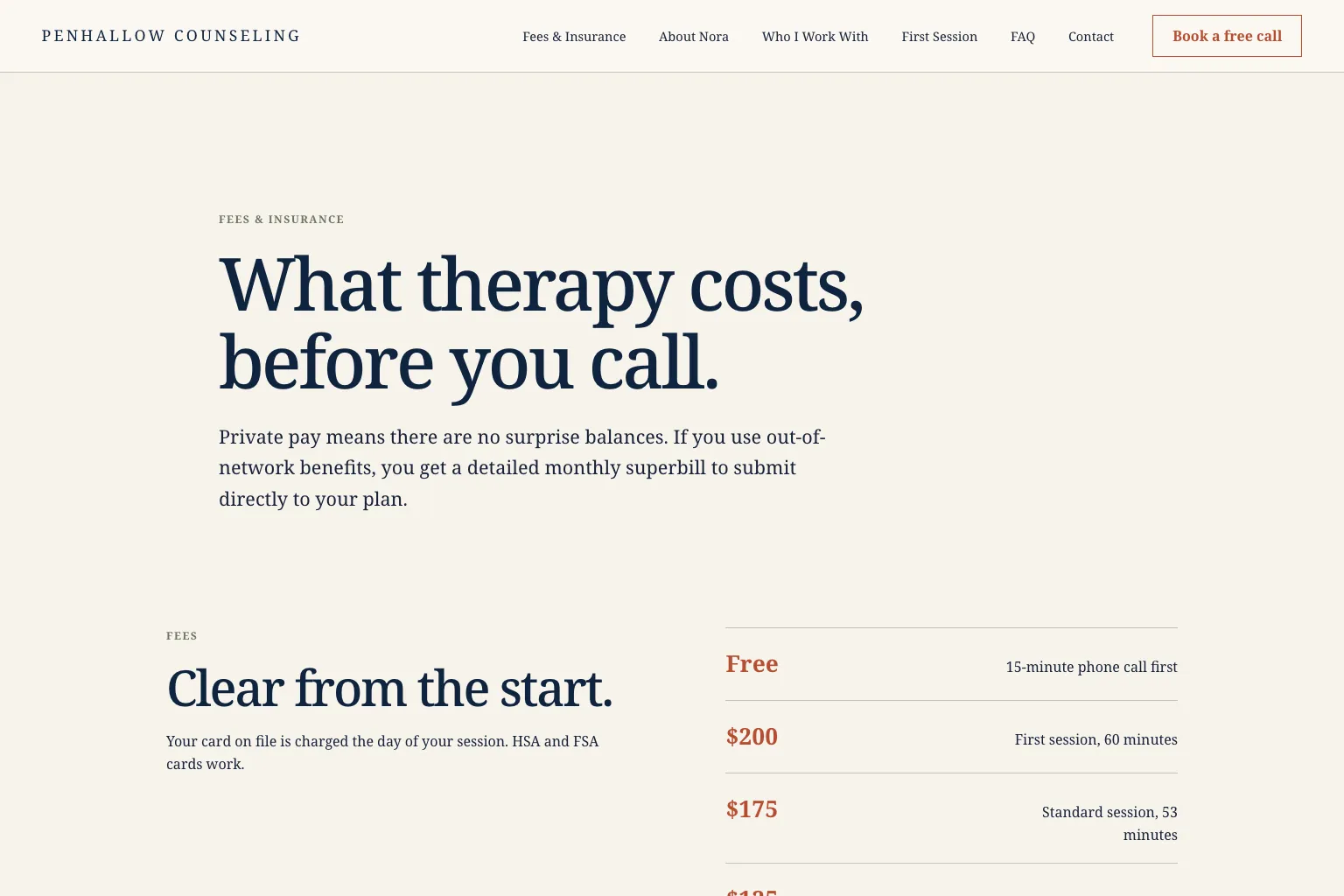 Fees and insurance page of Penhallow Counseling, built by Theo