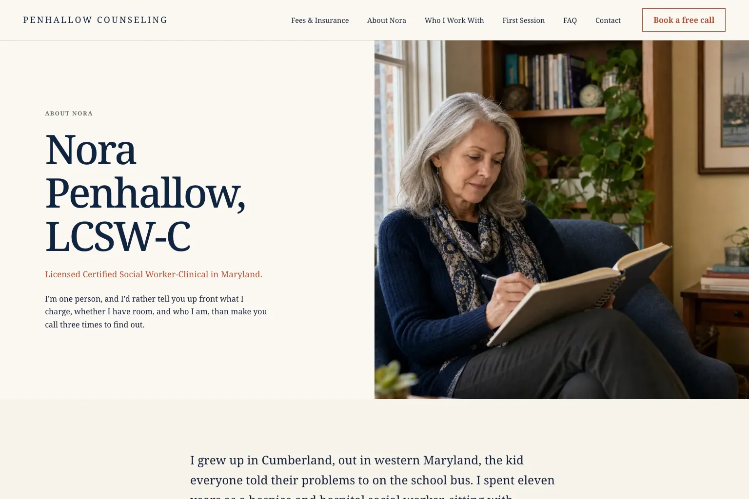 About Nora page of Penhallow Counseling, built by Theo
