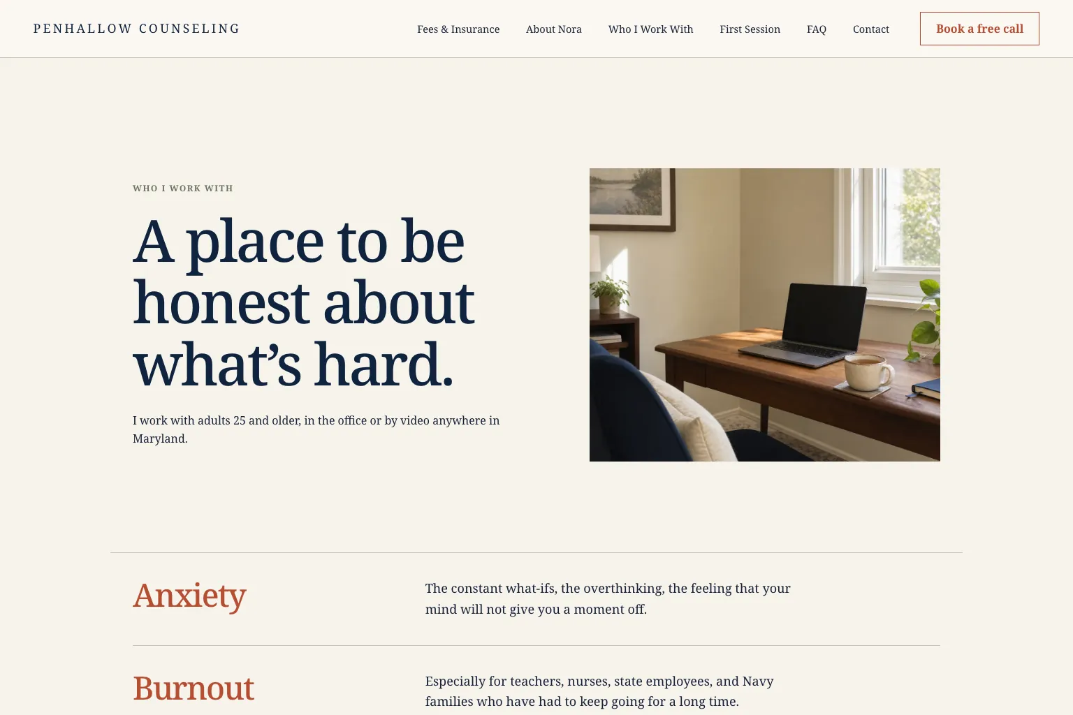 Who she sees page of Penhallow Counseling, built by Theo