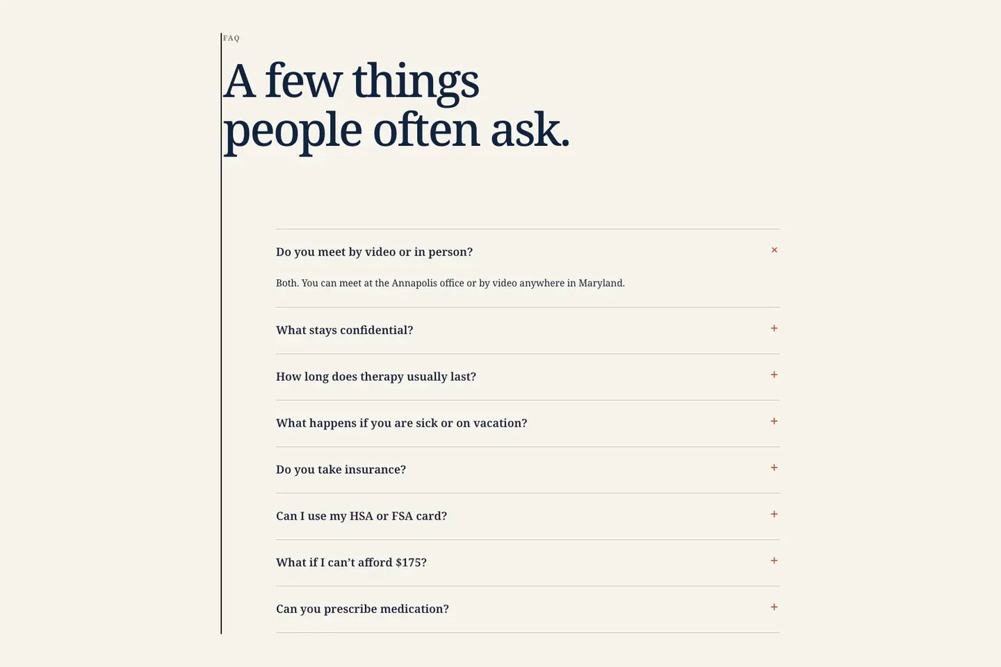 Penhallow Counseling FAQ page, built by Theo: Do you meet by video or in person? open and seven more questions closed, including Do you take insurance? and What if I can't afford $175?