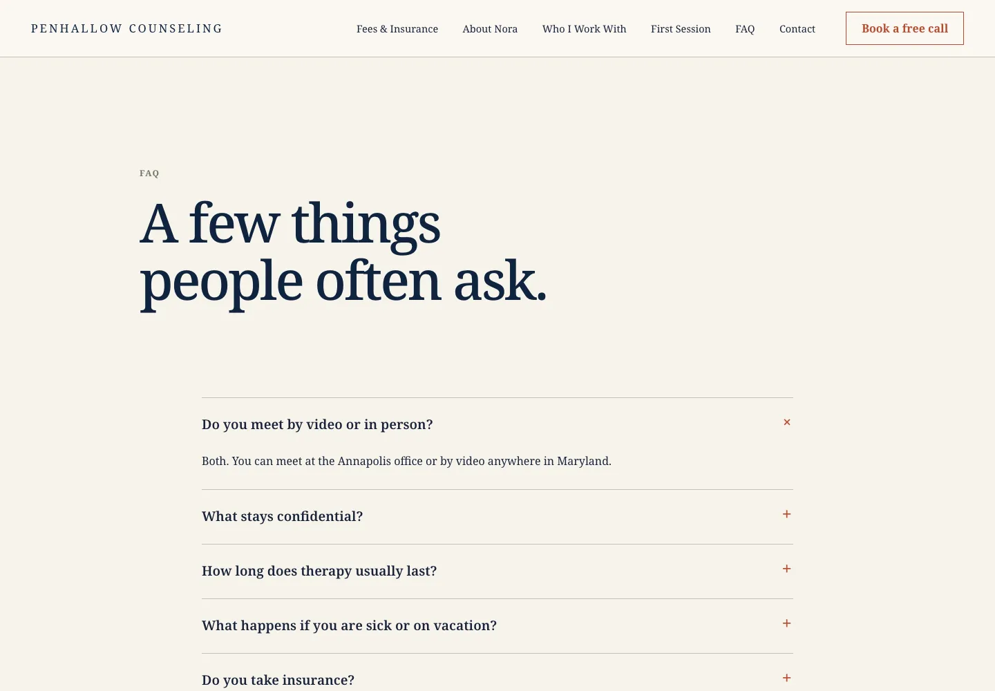 Penhallow Counseling FAQ page, built by Theo: the heading A few things people often ask, with Do you meet by video or in person? answered and four more questions below