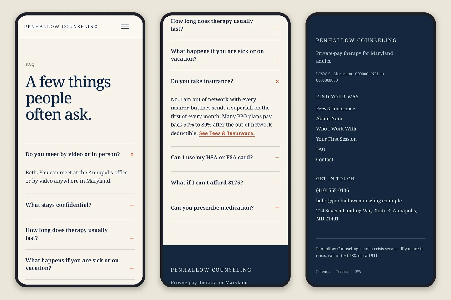 Penhallow Counseling FAQ page on a phone, built by Theo: three screens showing the first answer open, the insurance answer opened with a link to Fees & Insurance, and the footer with the phone number and the 988 crisis line