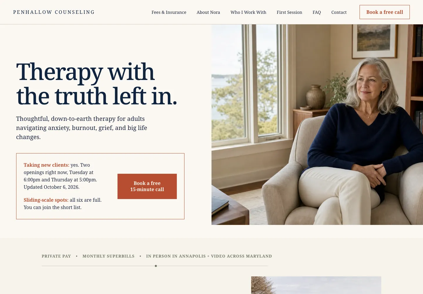 Penhallow Counseling home page on a laptop, built by Theo: the headline, who Nora sees, a box with two dated openings beside a Book a free 15-minute call button, and private pay and monthly superbills in the strip below
