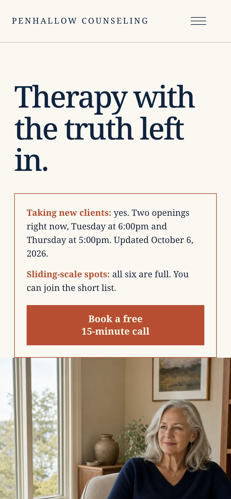 Penhallow Counseling home page on a phone, built by Theo: the headline, then a box with the dated openings line and a Book a free 15-minute call button, with the photo of Nora below them