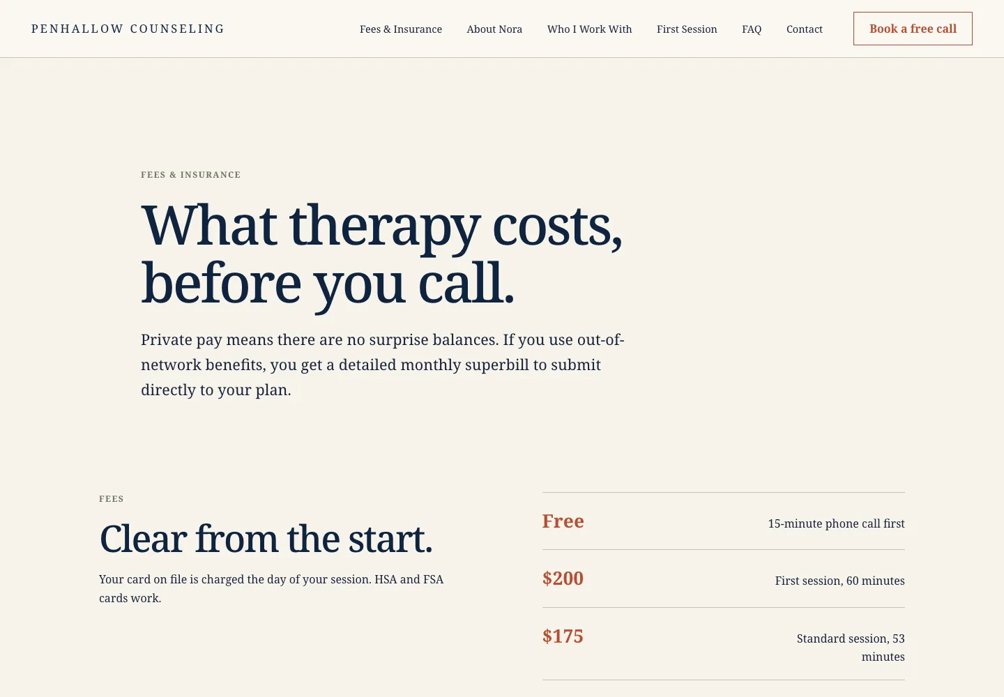 Penhallow Counseling fees and insurance page, built by Theo: the headline What therapy costs, before you call, a note on out-of-network superbills, and the free first call and session prices under Clear from the start