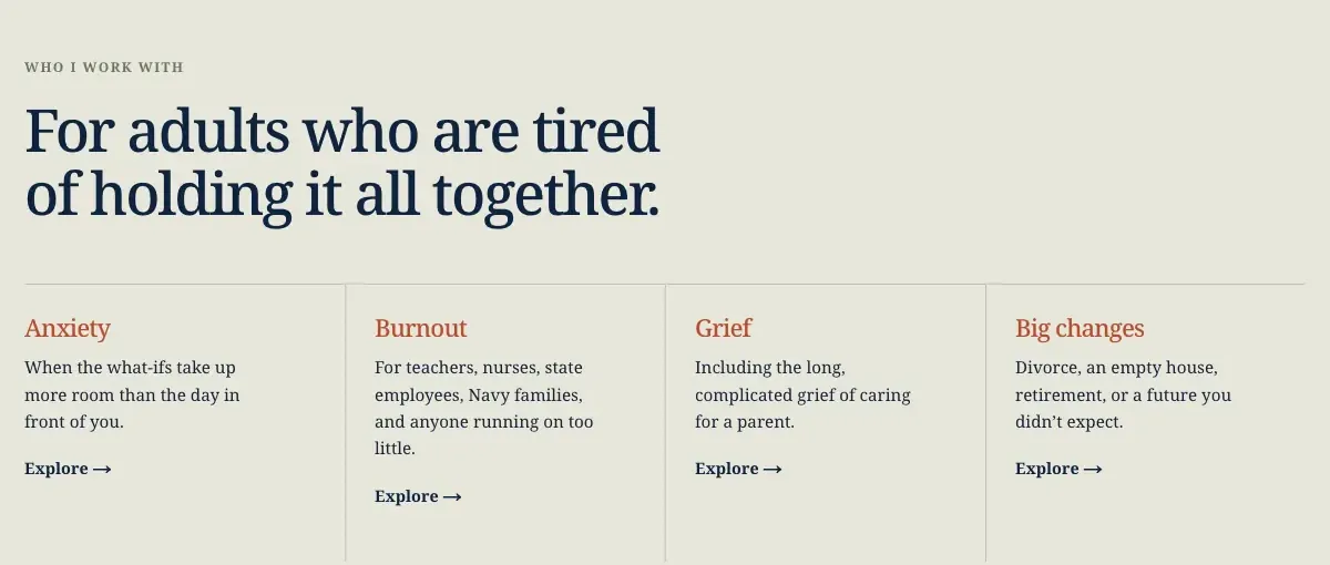 Penhallow Counseling home page section, built by Theo: the heading For adults who are tired of holding it all together, with four cards: Anxiety, Burnout, Grief and Big changes