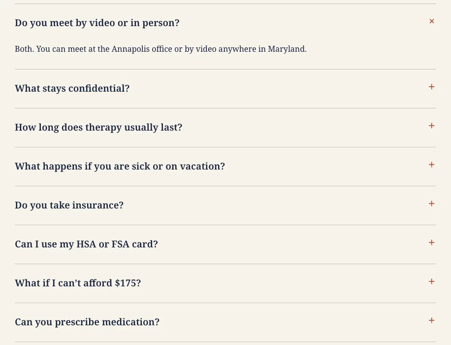 Penhallow Counseling's FAQ page, built by Theo: questions including Do you meet by video or in person?, Do you take insurance?, Can I use my HSA or FSA card? and What if I can't afford $175?