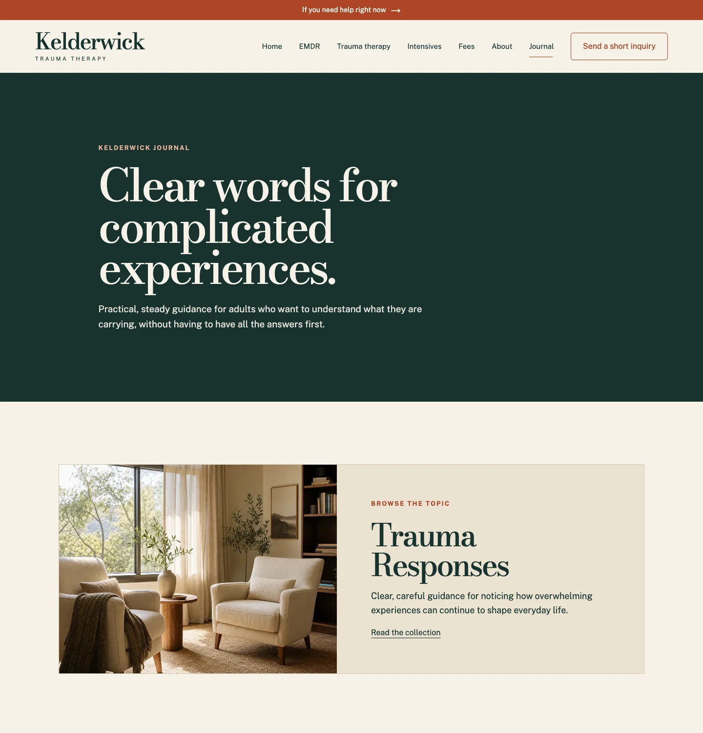 Kelderwick Trauma Therapy's new Journal page, built by Theo, with Journal underlined in the main menu, the headline Clear words for complicated experiences and a Browse the topic card for Trauma Responses